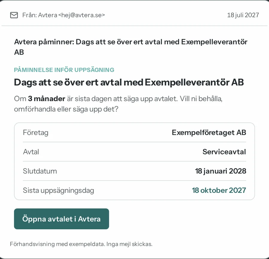 Påminnelsemejl från Avtera inför sista uppsägningsdag