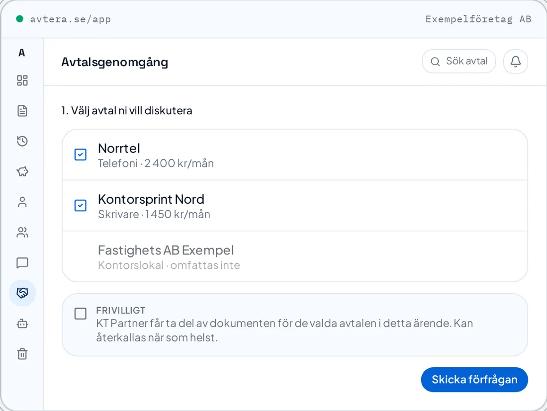Avtalsgenomgång i Avtera där användaren väljer vilka avtal KT Partner ska se över