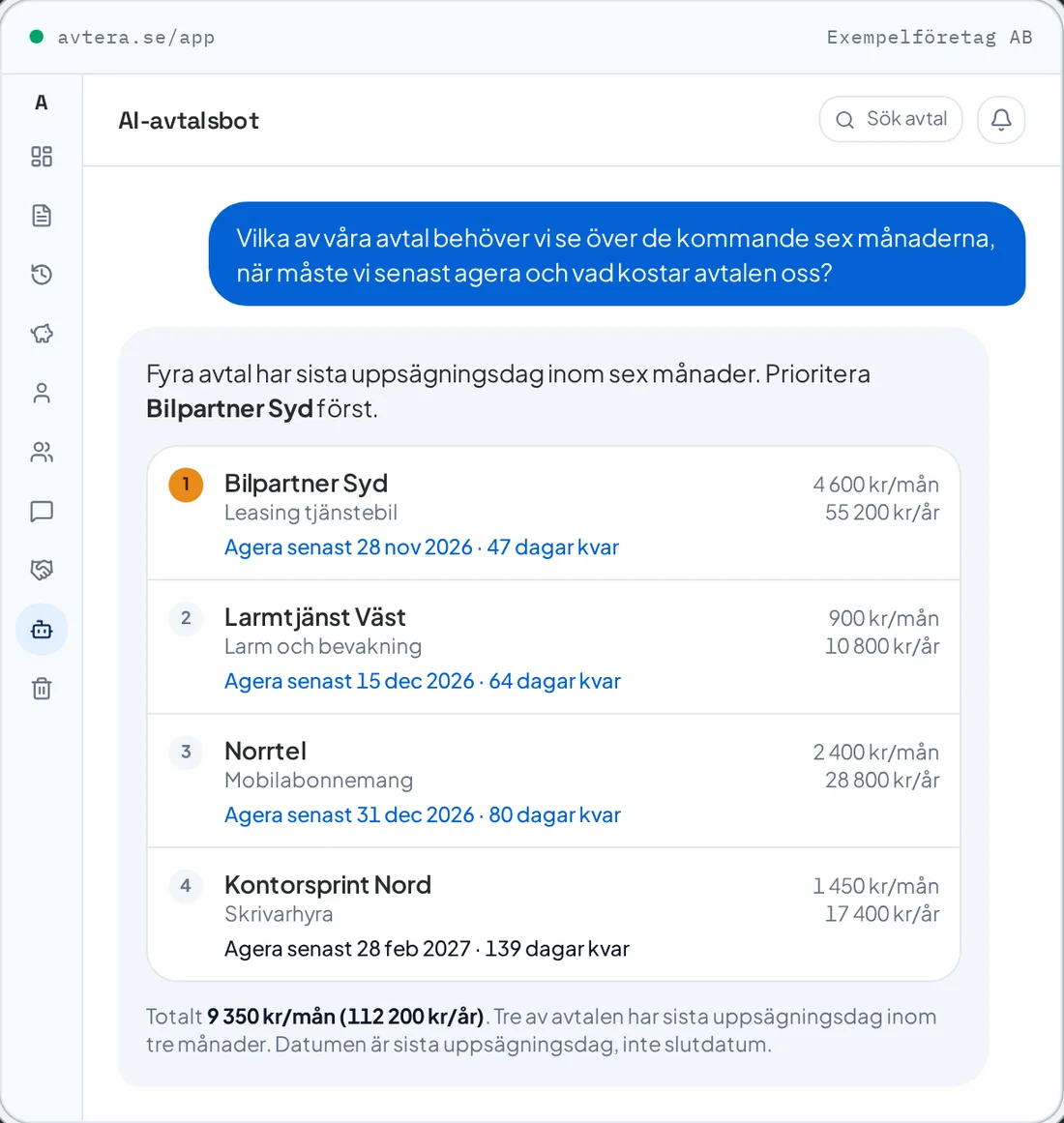 AI-avtalsboten i Avtera Premium som listar avtal att se över med sista dag att agera